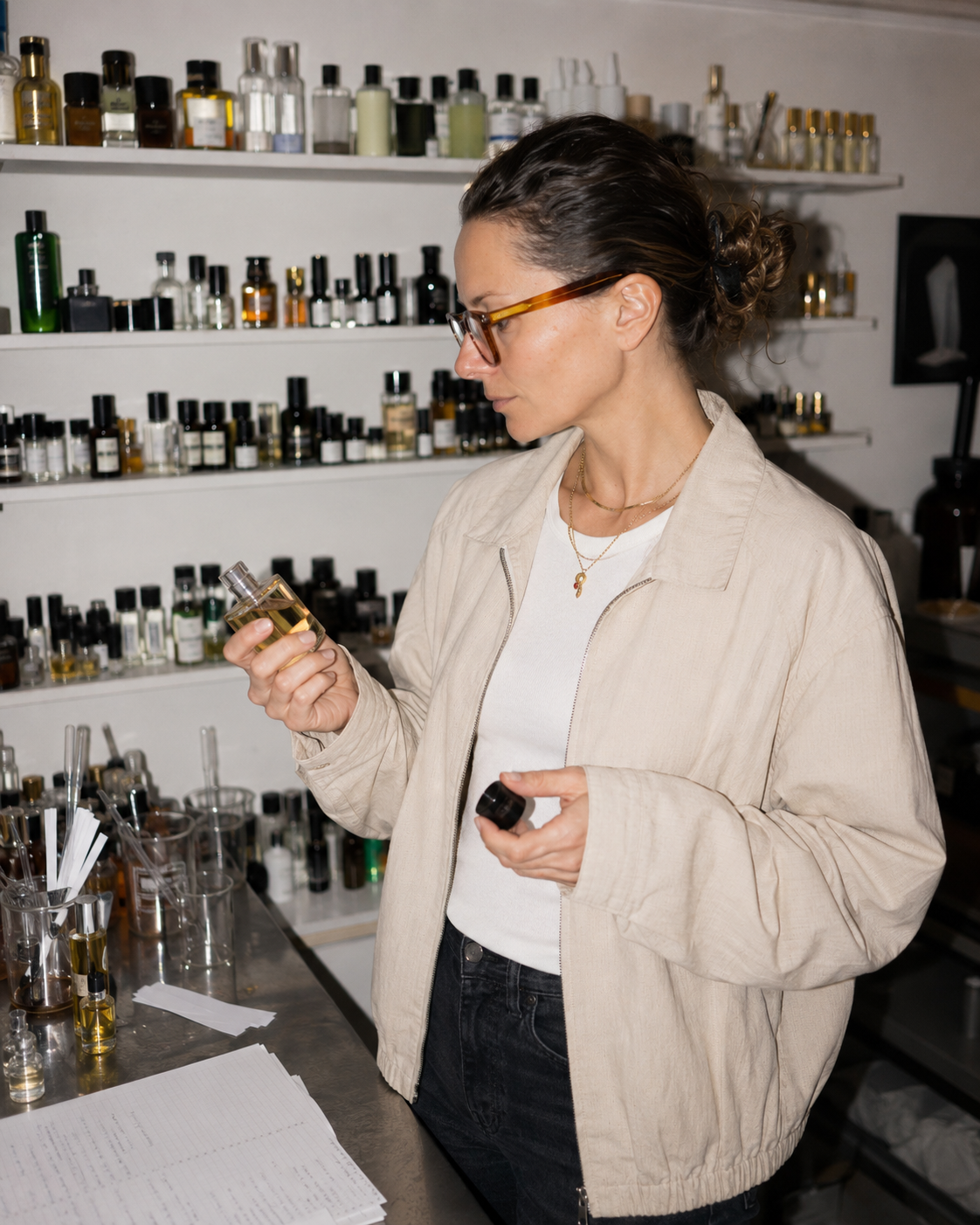 Ewa, founder of VANDA vel, holding a perfume bottle beside shelves of fragrances.
